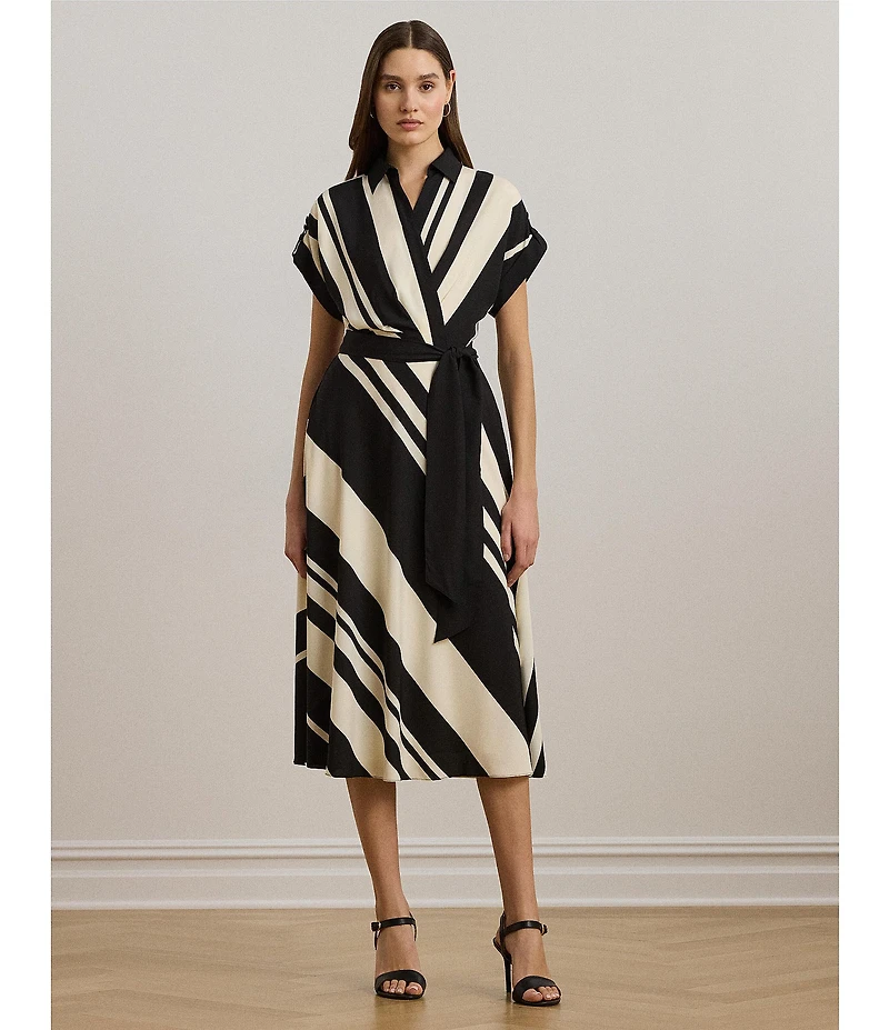 Lauren Ralph Lauren Crepe Striped Spread Collar Short Sleeve Belted A-Line Midi Dress