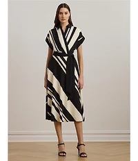 Lauren Ralph Lauren Crepe Striped Spread Collar Short Sleeve Belted A-Line Midi Dress