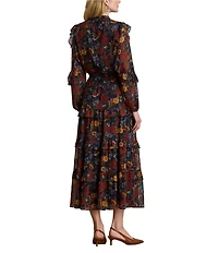 Lauren Ralph Lauren Crinkle Georgette Floral Long Blouson Sleeve Ruffle Tiered Maxi Dress