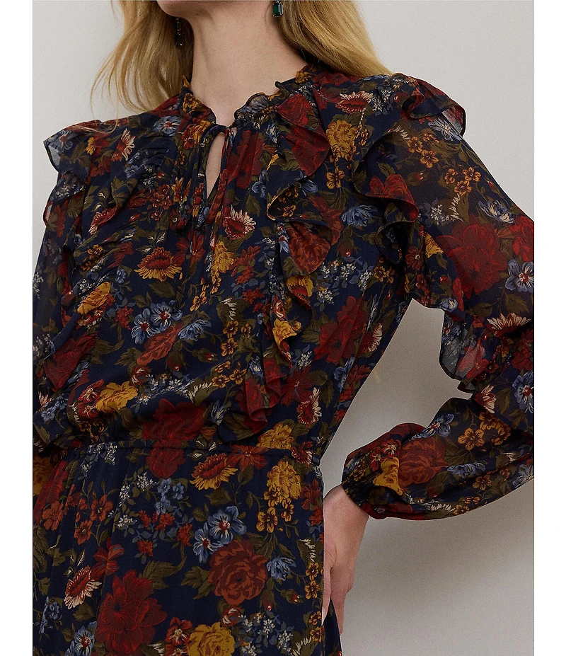Lauren Ralph Lauren Crinkle Georgette Floral Long Blouson Sleeve Ruffle Tiered Maxi Dress