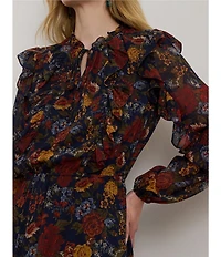 Lauren Ralph Lauren Crinkle Georgette Floral Long Blouson Sleeve Ruffle Tiered Maxi Dress
