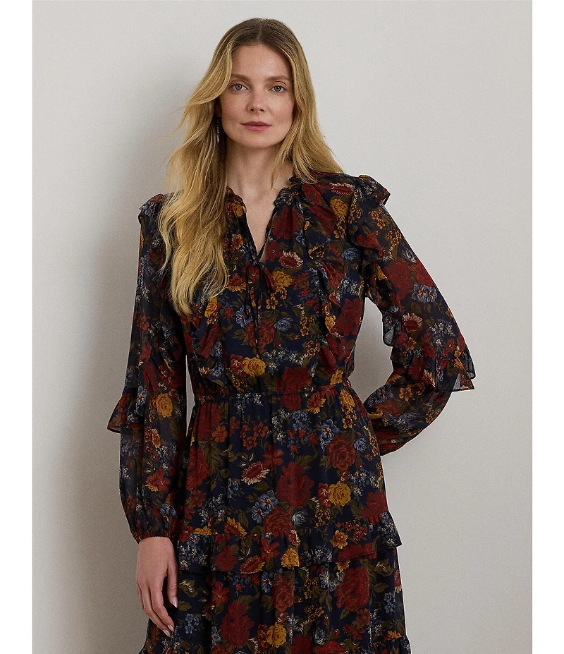 Lauren Ralph Lauren Crinkle Georgette Floral Long Blouson Sleeve Ruffle Tiered Maxi Dress