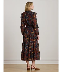 Lauren Ralph Lauren Crinkle Georgette Floral Long Blouson Sleeve Ruffle Tiered Maxi Dress