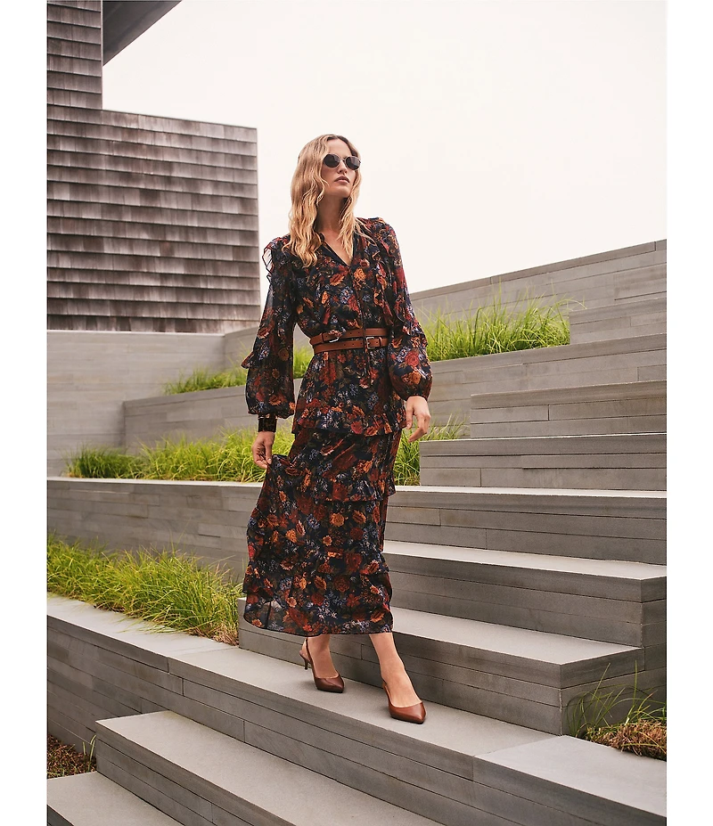 Lauren Ralph Lauren Crinkle Georgette Floral Long Blouson Sleeve Ruffle Tiered Maxi Dress
