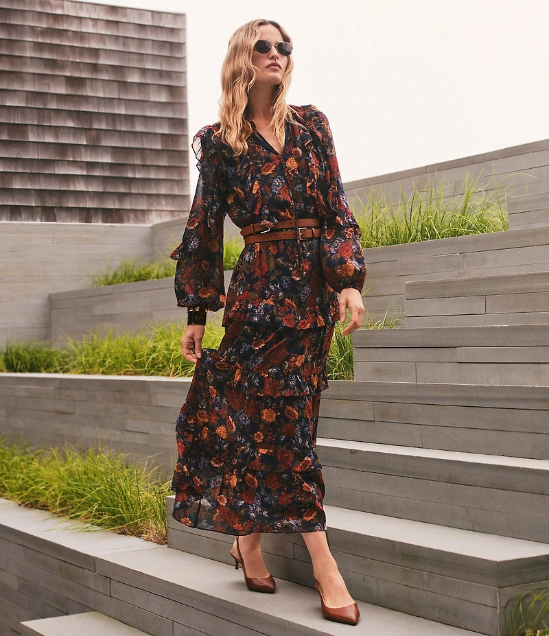 Lauren Ralph Lauren Crinkle Georgette Floral Long Blouson Sleeve Ruffle Tiered Maxi Dress