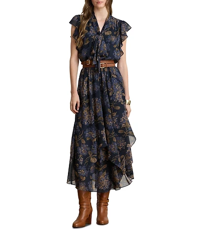 Lauren Ralph Lauren Crinkle Georgette Floral Print Round Neck Cap Sleeve A-Line Dress