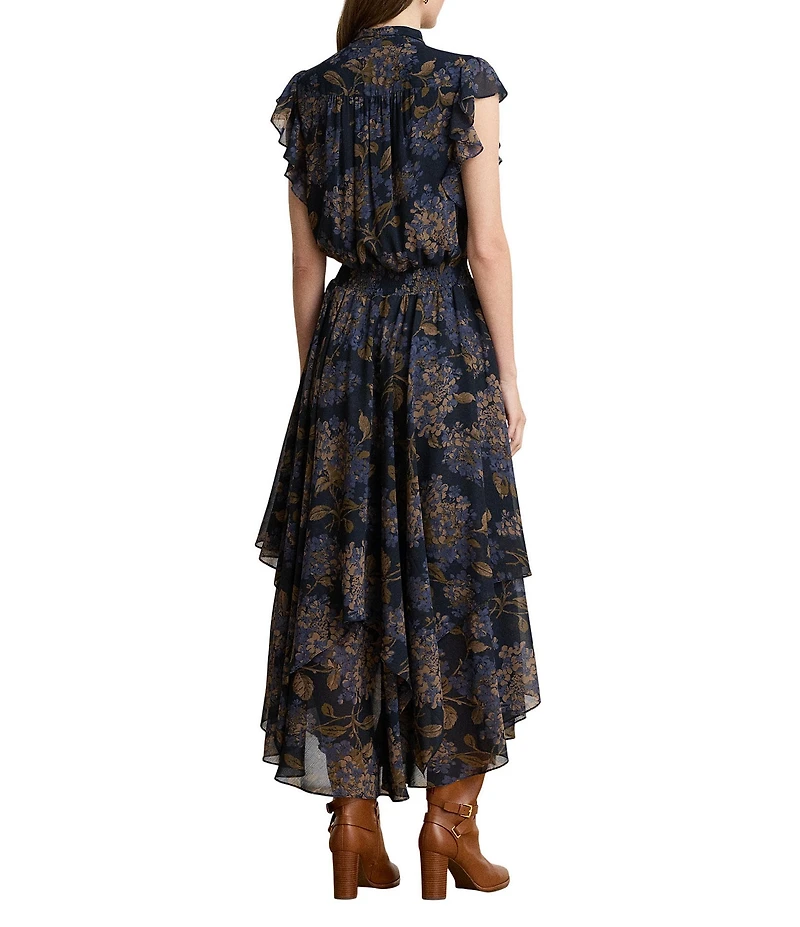 Lauren Ralph Lauren Crinkle Georgette Floral Print Round Neck Cap Sleeve A-Line Dress