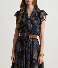 Lauren Ralph Lauren Crinkle Georgette Floral Print Round Neck Cap Sleeve A-Line Dress