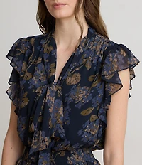 Lauren Ralph Lauren Crinkle Georgette Floral Print Round Neck Cap Sleeve A-Line Dress