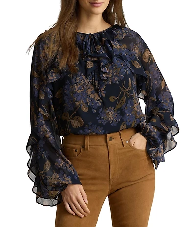 Lauren Ralph Lauren Crinkle Georgette Floral Print Split Round Neck Long Sleeve Blouse