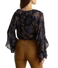 Lauren Ralph Lauren Crinkle Georgette Floral Print Split Round Neck Long Sleeve Blouse