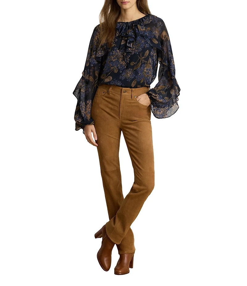 Lauren Ralph Lauren Crinkle Georgette Floral Print Split Round Neck Long Sleeve Blouse