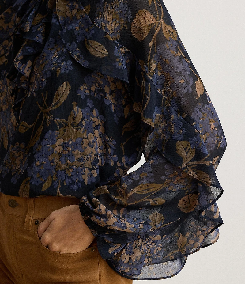 Lauren Ralph Lauren Crinkle Georgette Floral Print Split Round Neck Long Sleeve Blouse