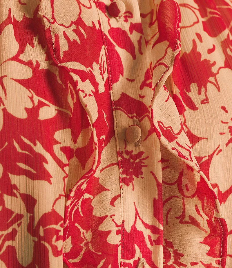 Lauren Ralph Lauren Crinkle Georgette Floral Print Split V-Neck 3/4 Sleeve Fit-And-Flare Tiered Dress