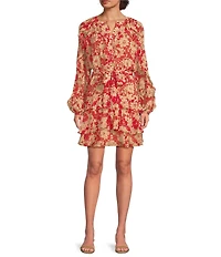 Lauren Ralph Lauren Crinkle Georgette Floral Print Split V-Neck 3/4 Sleeve Fit-And-Flare Tiered Dress
