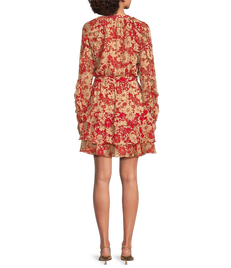 Lauren Ralph Lauren Crinkle Georgette Floral Print Split V-Neck 3/4 Sleeve Fit-And-Flare Tiered Dress