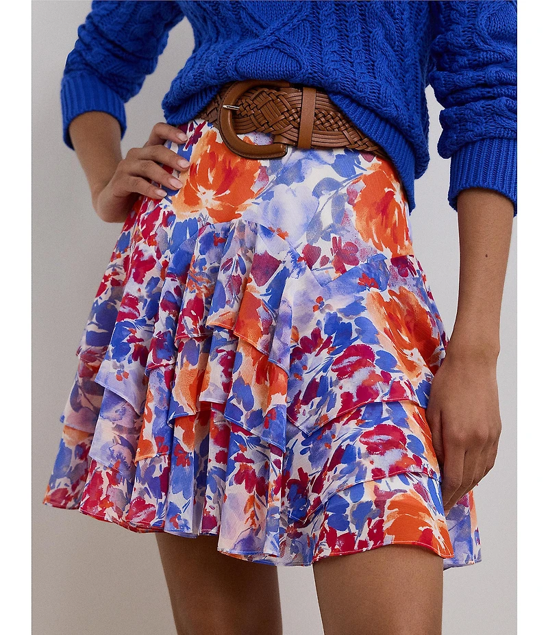 Lauren Ralph Lauren Crinkle Georgette Floral Print Tiered A-Line Skirt