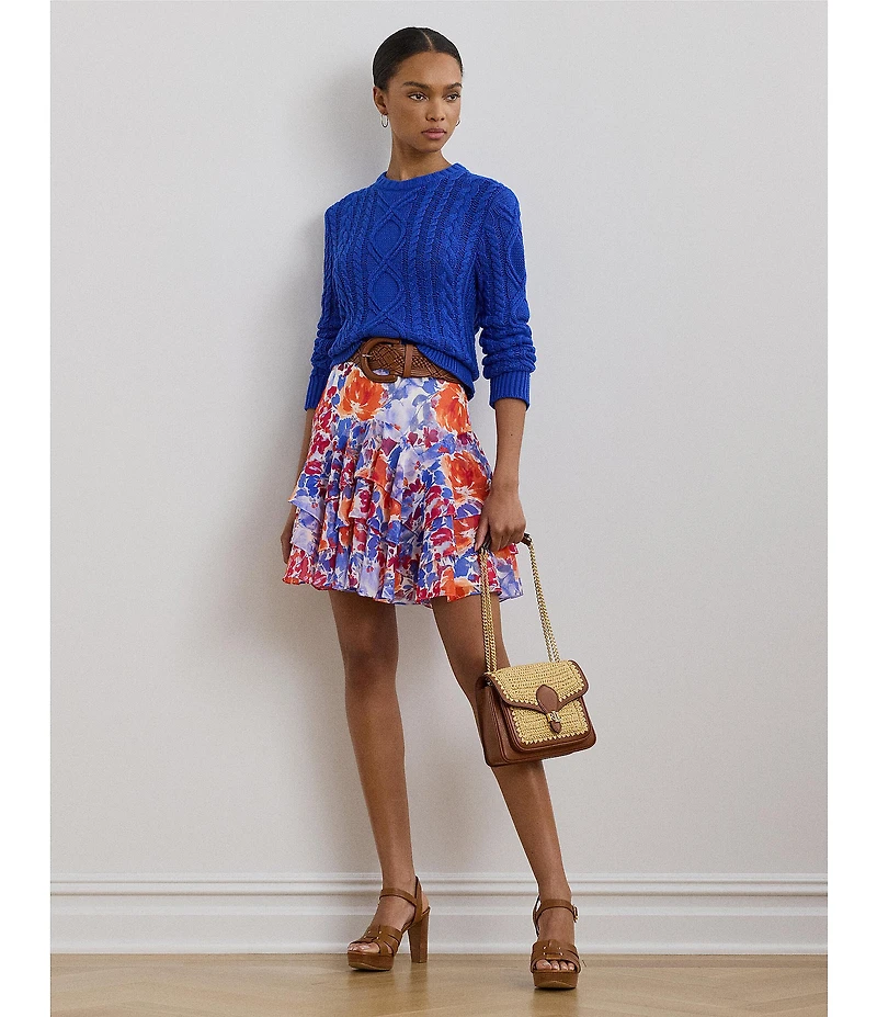 Lauren Ralph Lauren Crinkle Georgette Floral Print Tiered A-Line Skirt