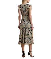 Lauren Ralph Lauren Crinkle Georgette Floral Print V-Neck Cap Sleeve Midi A-Line Dress