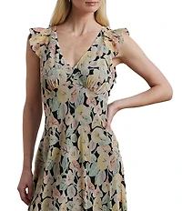 Lauren Ralph Lauren Crinkle Georgette Floral Print V-Neck Cap Sleeve Midi A-Line Dress