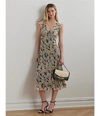 Lauren Ralph Lauren Crinkle Georgette Floral Print V-Neck Cap Sleeve Midi A-Line Dress