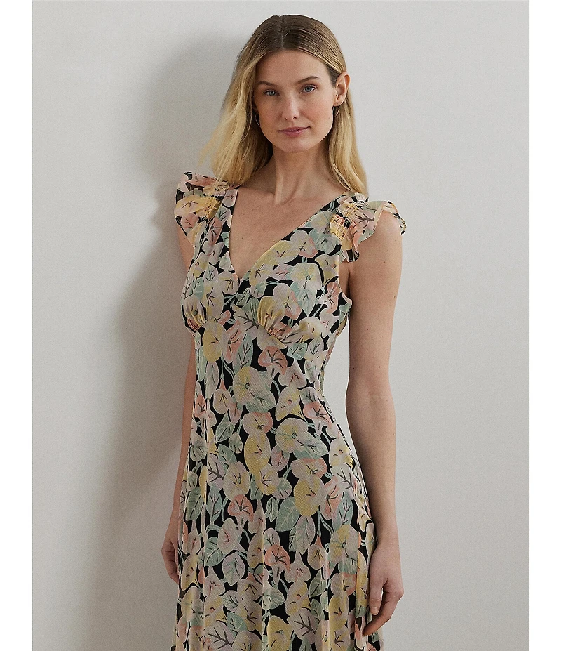 Lauren Ralph Lauren Crinkle Georgette Floral Print V-Neck Cap Sleeve Midi A-Line Dress
