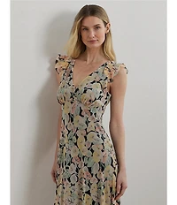 Lauren Ralph Lauren Crinkle Georgette Floral Print V-Neck Cap Sleeve Midi A-Line Dress