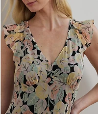 Lauren Ralph Lauren Crinkle Georgette Floral Print V-Neck Cap Sleeve Midi A-Line Dress
