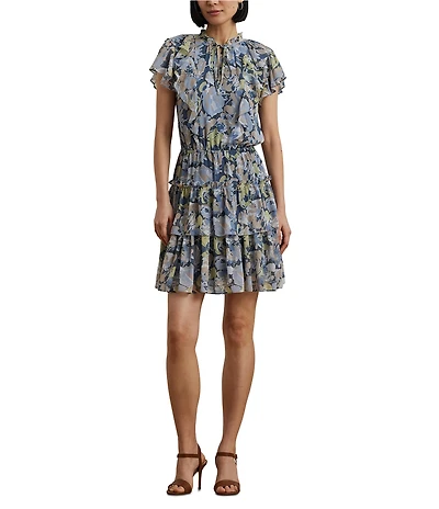 Lauren Ralph Lauren Crinkle Georgette Floral Ruffle Trim Tiered Dress