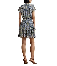 Lauren Ralph Lauren Crinkle Georgette Floral Ruffle Trim Tiered Dress