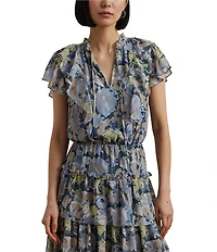 Lauren Ralph Lauren Crinkle Georgette Floral Ruffle Trim Tiered Dress