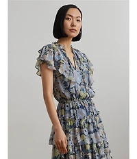 Lauren Ralph Lauren Crinkle Georgette Floral Ruffle Trim Tiered Dress