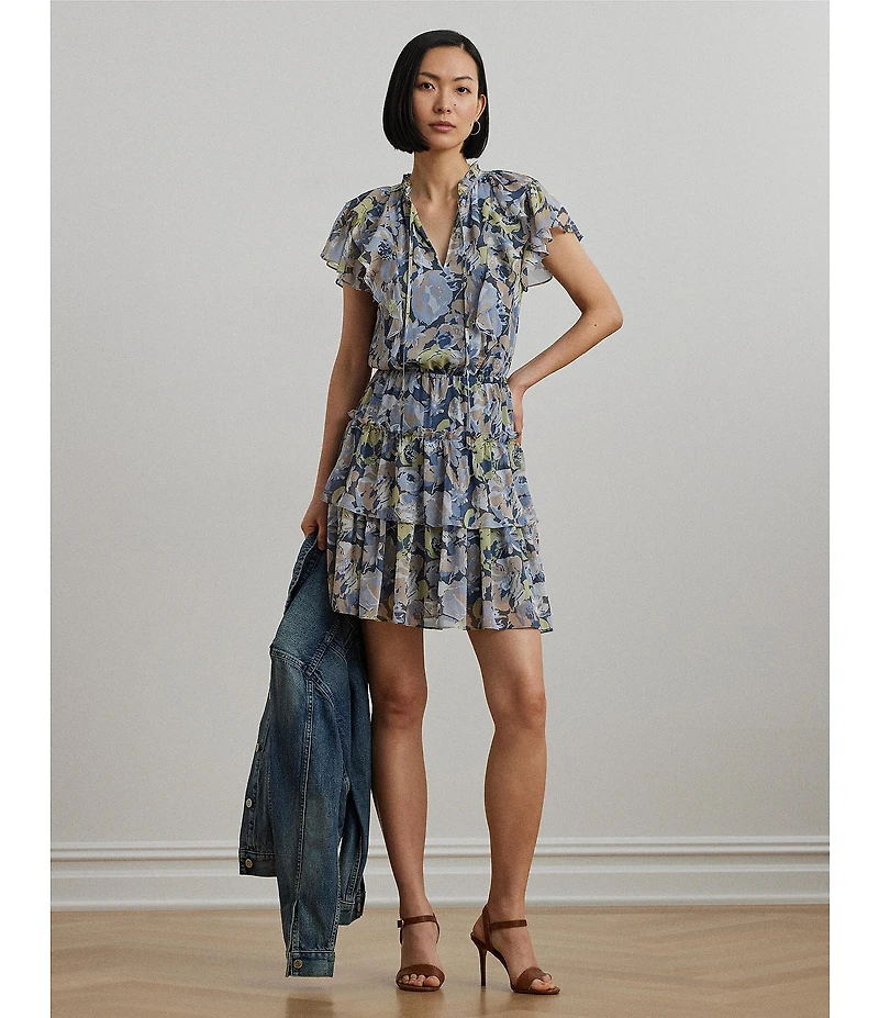 Lauren Ralph Lauren Crinkle Georgette Floral Ruffle Trim Tiered Dress