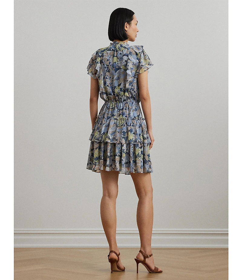 Lauren Ralph Lauren Crinkle Georgette Floral Ruffle Trim Tiered Dress