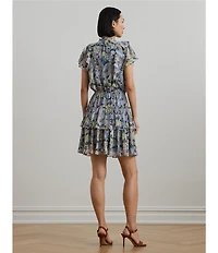 Lauren Ralph Lauren Crinkle Georgette Floral Ruffle Trim Tiered Dress