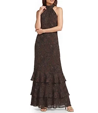 Lauren Ralph Lauren Crinkle Georgette Mock Neck Flounce Tiered Skirt Long Dress