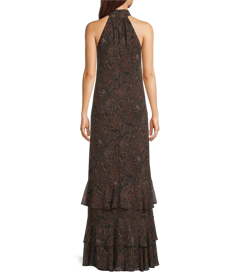 Lauren Ralph Lauren Crinkle Georgette Mock Neck Flounce Tiered Skirt Long Dress
