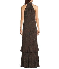 Lauren Ralph Lauren Crinkle Georgette Mock Neck Flounce Tiered Skirt Long Dress