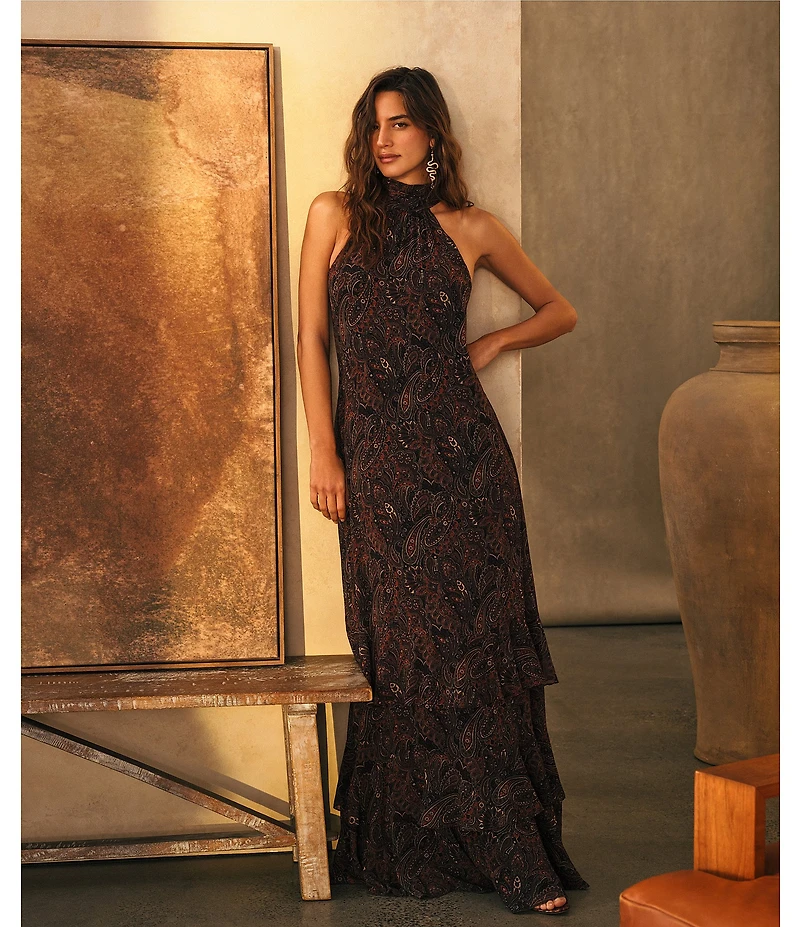 Lauren Ralph Lauren Crinkle Georgette Mock Neck Flounce Tiered Skirt Long Dress