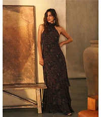 Lauren Ralph Lauren Crinkle Georgette Mock Neck Flounce Tiered Skirt Long Dress