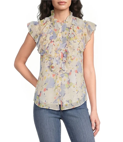 Lauren Ralph Lauren Crinkle Georgette Print Band Collar Short Sleeve Shirt