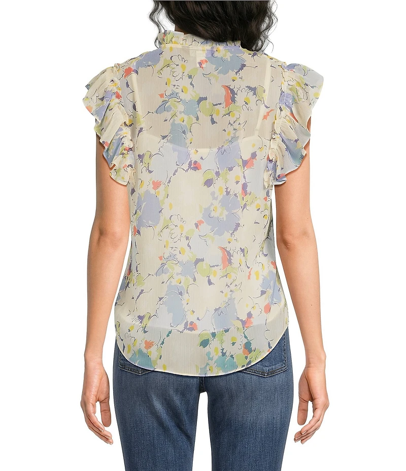 Lauren Ralph Lauren Crinkle Georgette Print Band Collar Short Sleeve Shirt