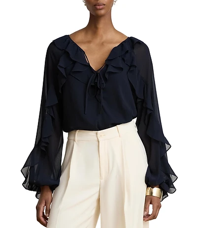 Lauren Ralph Lauren Crinkle Georgette Split Neck Long Sleeve Blouse