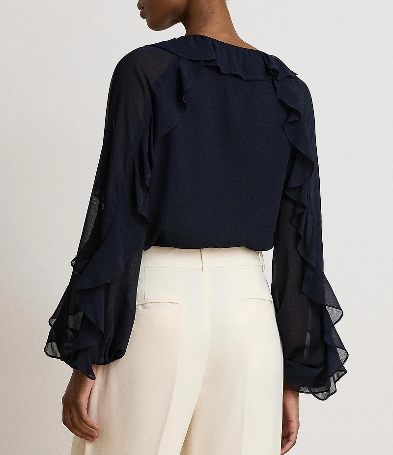 Lauren Ralph Lauren Crinkle Georgette Split Neck Long Sleeve Blouse