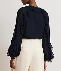Lauren Ralph Lauren Crinkle Georgette Split Neck Long Sleeve Blouse