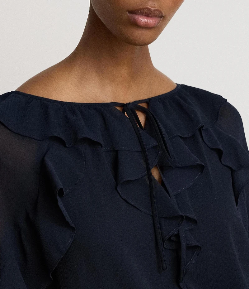 Lauren Ralph Lauren Crinkle Georgette Split Neck Long Sleeve Blouse