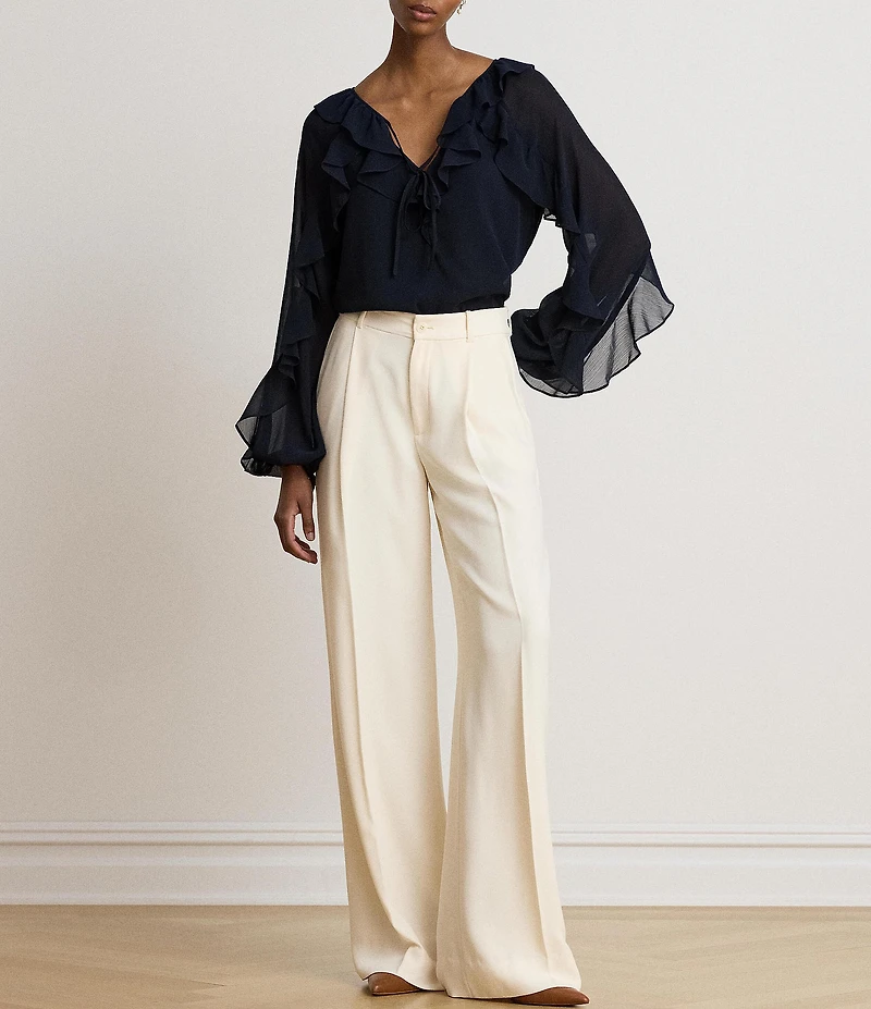 Lauren Ralph Lauren Crinkle Georgette Split Neck Long Sleeve Blouse