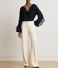 Lauren Ralph Lauren Crinkle Georgette Split Neck Long Sleeve Blouse