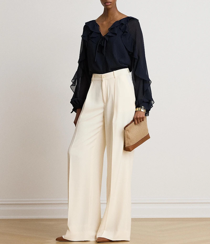 Lauren Ralph Lauren Crinkle Georgette Split Neck Long Sleeve Blouse