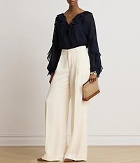 Lauren Ralph Lauren Crinkle Georgette Split Neck Long Sleeve Blouse